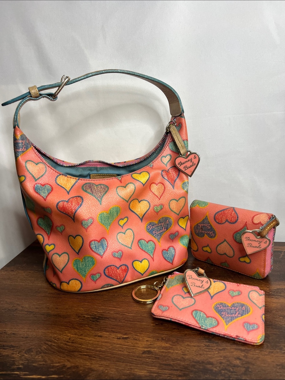 Dooney & Bourke Coral Pink Heart-Print Shoulder Bag with Matching Wallets
